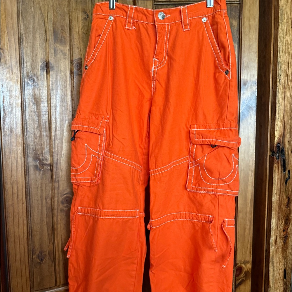 True Religion Orange Wide Leg Cargo Pants
